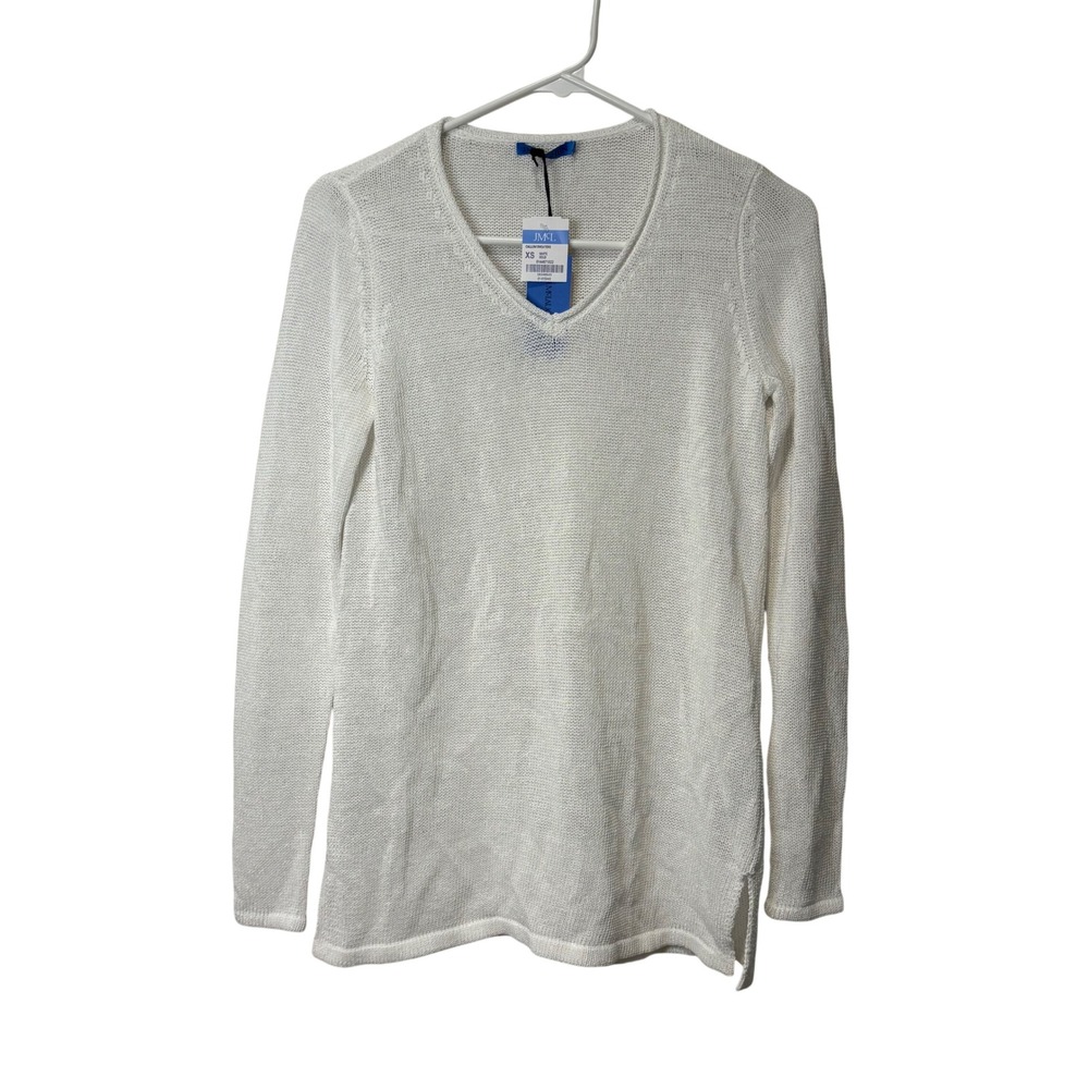 J.McLaughlin Sweater Women XS White Havana Yarn V-Neck Sheer Knit Side Slit